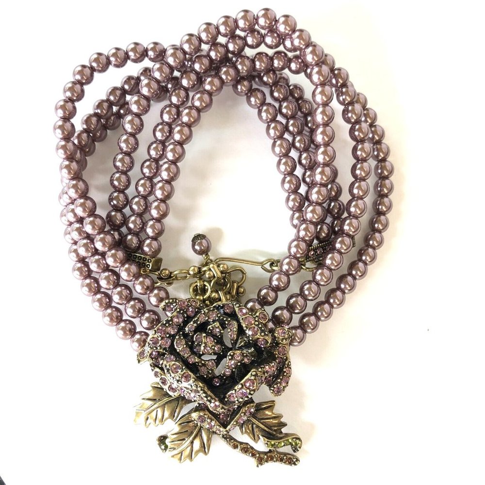 HEIDI DAUS Purple Faux Pearl Blooming Rose Triple Strand Brass Plated Necklace